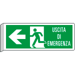 [E720101BW] E720101BW - Cartello BIFACCIALE uscita emergenza a sinistra c scritta EN ISO 7010
