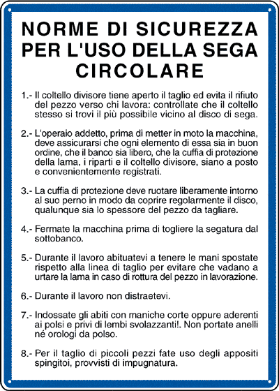 3606 - Cartello NORME USO SEGA CIRCOLARE