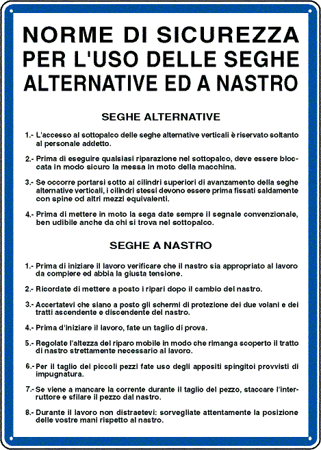 3622 - Cartello NORME USO SEGHE ALTERN. E A NASTRO