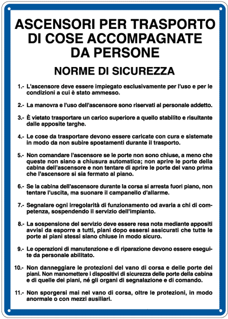 3637 - Cartello NORME ASCENSORI TRASP. COSE E PERS