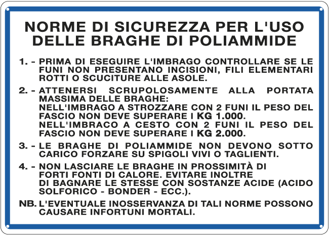 3644 - Cartello NORME USO BRAGHE POLIAMMIDE