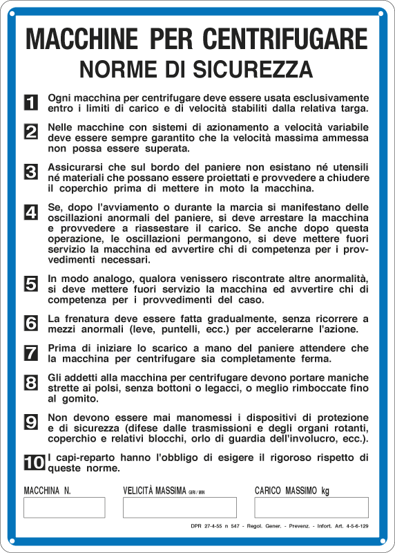 3711 - Cartello NORME MACCHINE PER CENTRIFUGARE