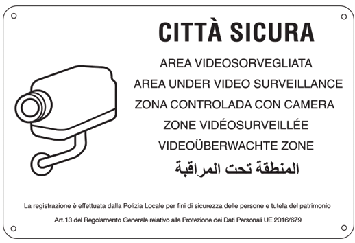 33338 - Cartello CITTA' SICURA AREA VIDEOSORVEGLIANZA (D.LGS. n.101 10/08/2018