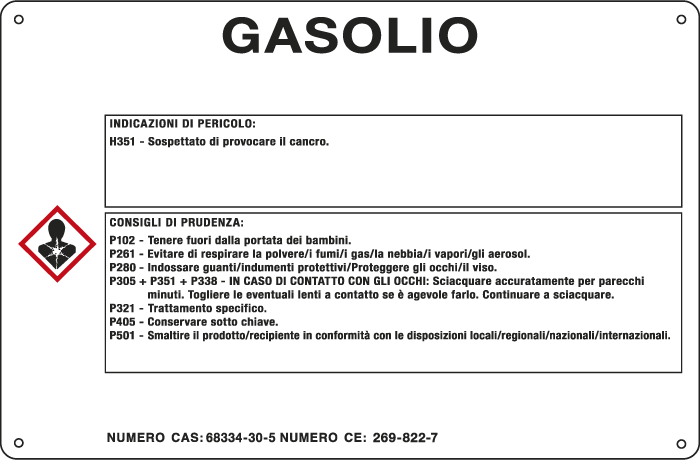 27B570 - cartello sostanze pericolose simbologia CLP " GASOLIO"