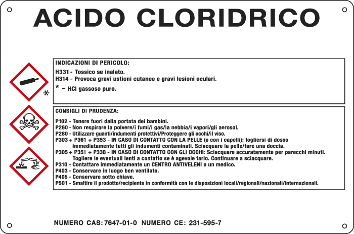 27B590 - cartello sostanze pericolose simbologia CLP " ACIDO CLORIDRICO "