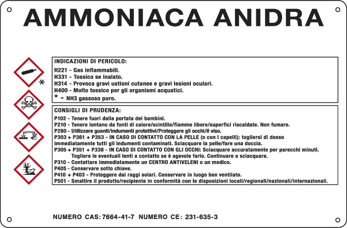 27B610 - cartello sostanze pericolose simbologia CLP " AMMONIACA ANIDRA "