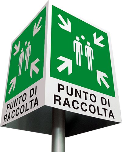 CUE20153 - Cartello quadrifacciale in allum.con staffa x palo mm60:p.di raccolta