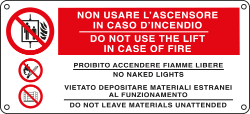 E16140K - Cartello divieto in caso incendio..3simboli UNI ISO 7010