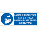 E1963KS - Etichetta obbligo lavare disinfettare mani e attrezzi EN ISO 7010