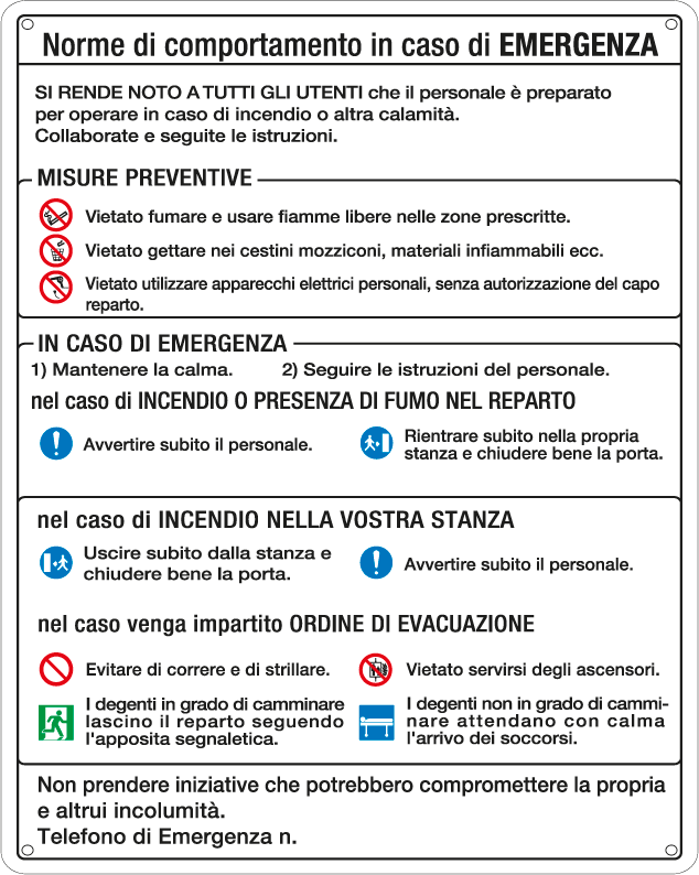 E3782 - Cartello NORME COMPORTAMENTO EMERGENZA NEGLI OSPEDALI EN ISO 7010
