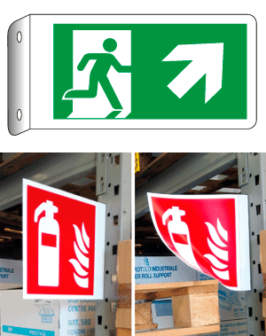 E715106BFLK - Cartello bifacciale flessibile uscita alto destra EN ISO 7010