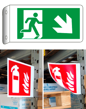 E715108BFLK - Cartello bifacciale flessibile uscita basso destra EN ISO 7010