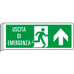 E720103BW - Cartello BIFACCIALE uscita emergenza avanti con scritta EN ISO 7010