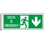 E720104BW - Cartello BIFACCIALE uscita emergenza indietro con scritta EN ISO 7010