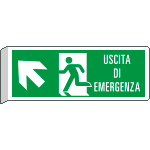 E720105BW - Cartello BIFACCIALE uscita emergenza in alto sn c scritta EN ISO 7010