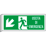 E720107BK - Cartello BIFACCIALE uscita emergenza in basso sn +scritta EN ISO 7010