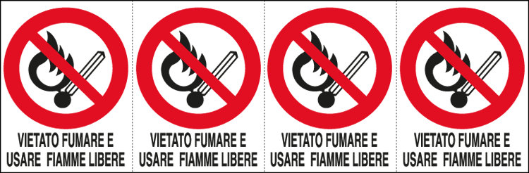 E9504B - Foglio 4 etichette vietato fumare usare fiamme libere EN ISO 7010