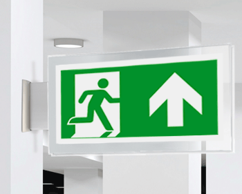 SEPE715103BR - targa PLexiglass bifacc. uscita di emergenza avanti EN ISO 7010 E002