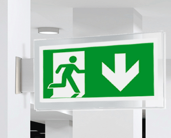 SEPE715104BR - targa PLexiglass bifacc. Uscita emergenza indietro EN ISO 7010 E002