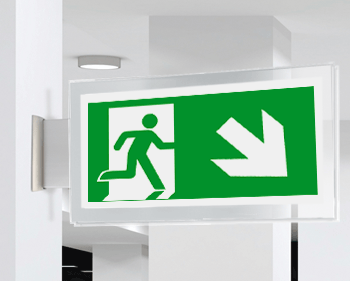 SEPE715108BR - targa PLexiglass bifacc. uscita emergenza ds basso EN ISO 7010 E002