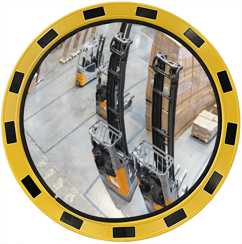 SP045 - specchio industriale rotondo cornice giallo/nera diametro cm 60