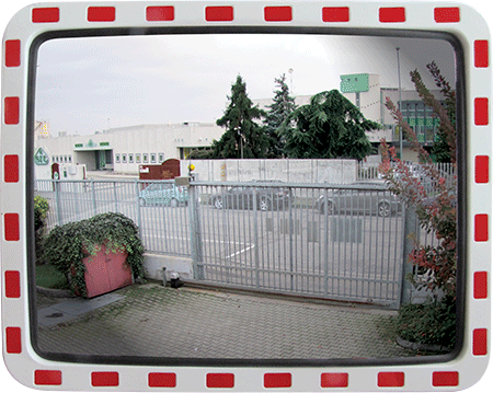 SP64 - specchio stradale triangolare in acrilico cornice bianca/rossa 400x600