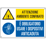 [E35440] E35440 - Cartello multisimbolo ambiente confinato usare anticaduta EN ISO 7010