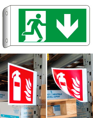 [E715104BFLK] E715104BFLK - Cartello bifacciale flessibile uscita indietro EN ISO 7010