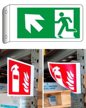 [E715105BFLK] E715105BFLK - Cartello bifacciale flessibile uscita alto sinistra EN ISO 7010