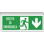 [E720104SK] E720104SK - Cartello SOSPESO bifacciale uscita emergenza freccia indietro ISO 7010