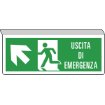 [E720105SX] E720105SX - Cartello SOSPESO bifacciale uscita emergenza freccia alto sx ENISO7010
