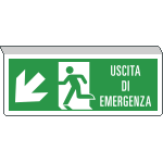 [E720107SX] E720107SX - Cartello SOSPESO bifacciale uscita emergenza in basso a sx EN ISO 7010