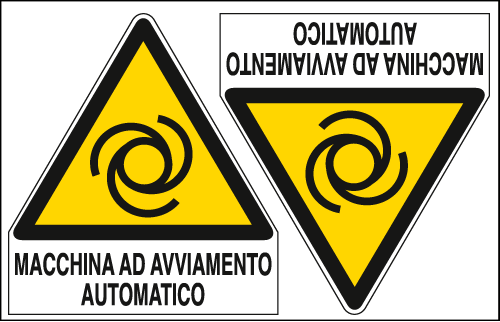 [E9568A] E9568A - Foglio 2 etichette adesive pericolo macchina avv.automatic EN ISO 7010